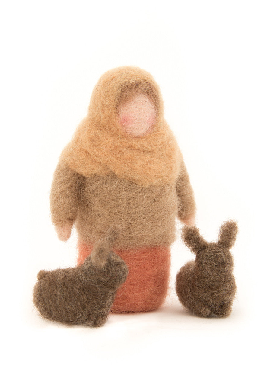 Waldorf table puppets - Girl with 2 bunnies - needle felted wool dolls by madamezorro